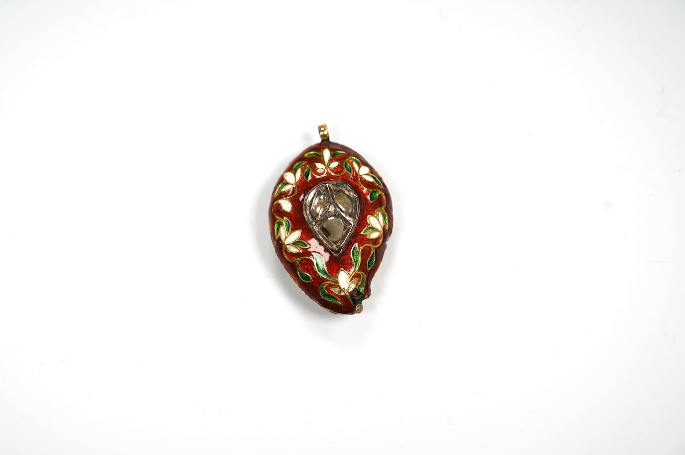 An Indian enamel and flat cut diamond set pear shaped pendant, 40mm. Condition - poor